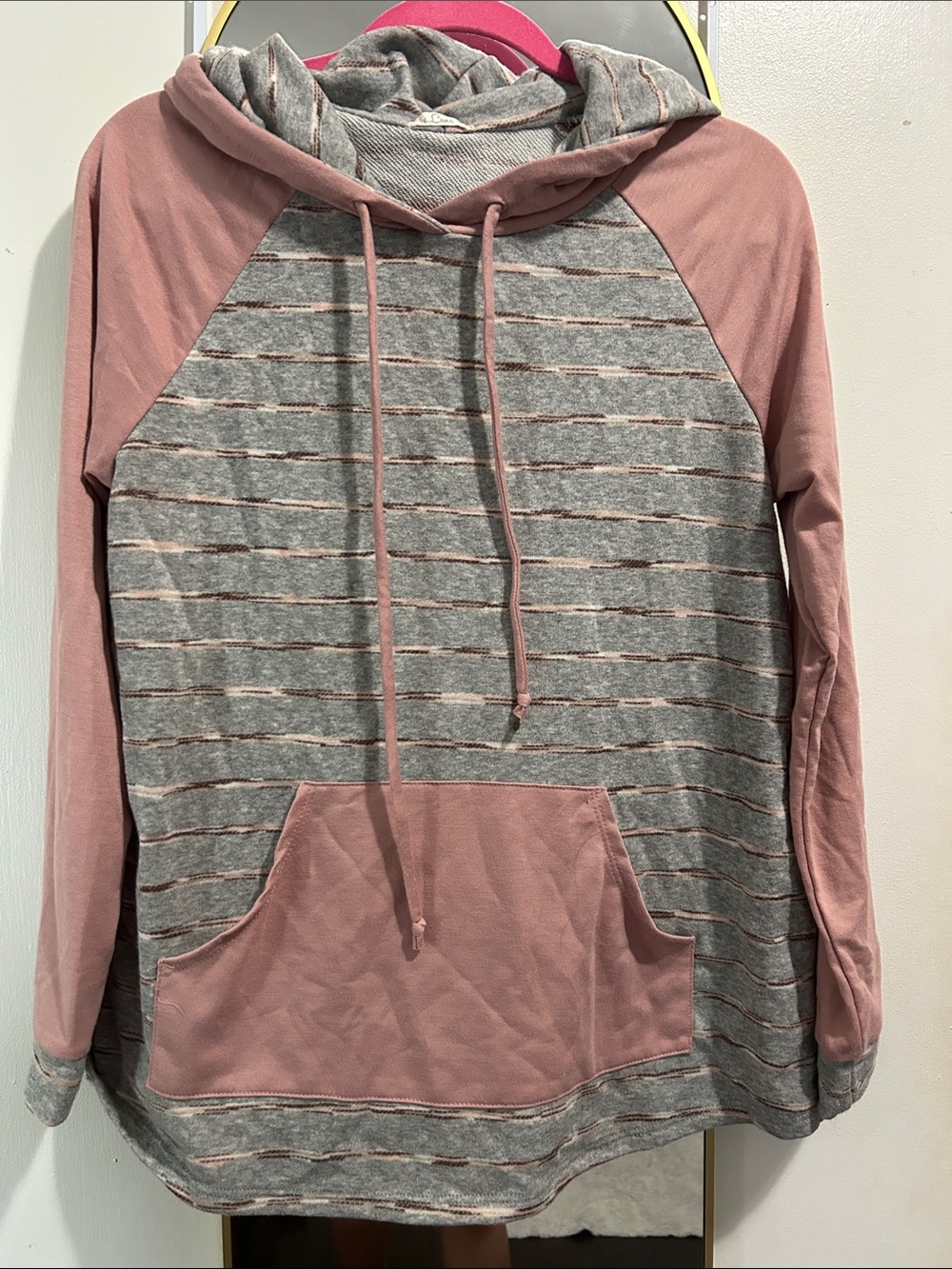 Striped Gray and Dusty Rose Hooded Pullover Sweater